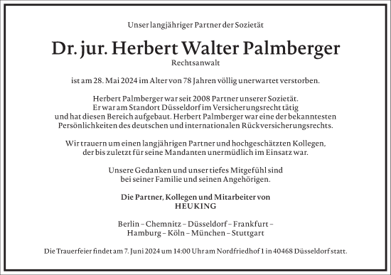 Traueranzeige von Herbert Walter Palmberger von Frankfurter Allgemeine Zeitung