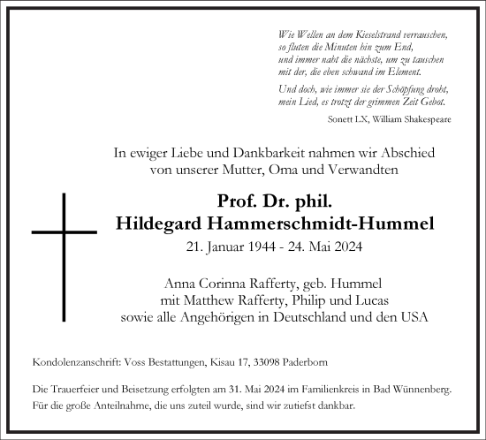 Traueranzeige von Prof. Dr. phil. Hildegard Hammerschmidt-Hummel von Frankfurter Allgemeine Zeitung