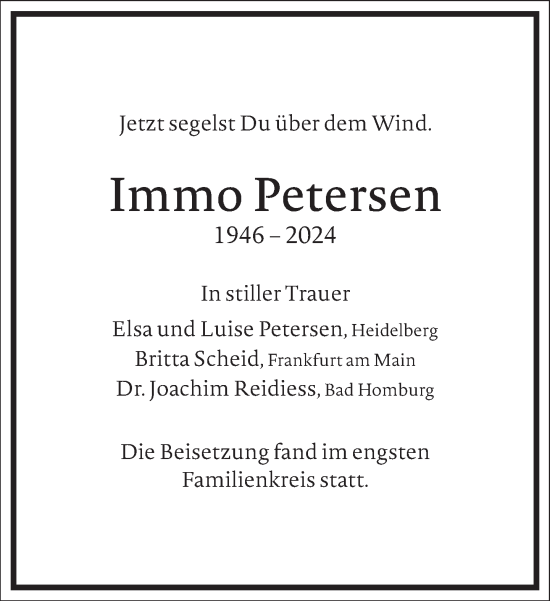 Traueranzeige von Immo Petersen von Frankfurter Allgemeine Zeitung