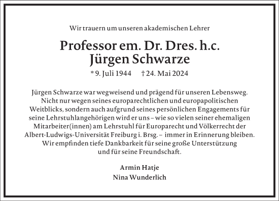 Traueranzeige von Jürgen Schwarze von Frankfurter Allgemeine Zeitung