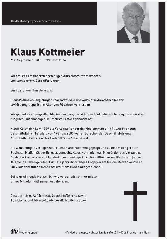 Traueranzeige von Klaus Kottmeier von Frankfurter Allgemeine Zeitung