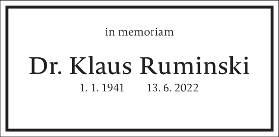 Traueranzeige von Klaus Ruminski von Frankfurter Allgemeine Zeitung