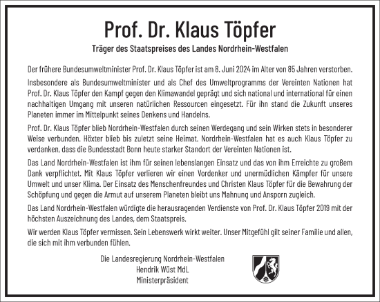 Traueranzeige von Klaus Töpfer von Frankfurter Allgemeine Zeitung
