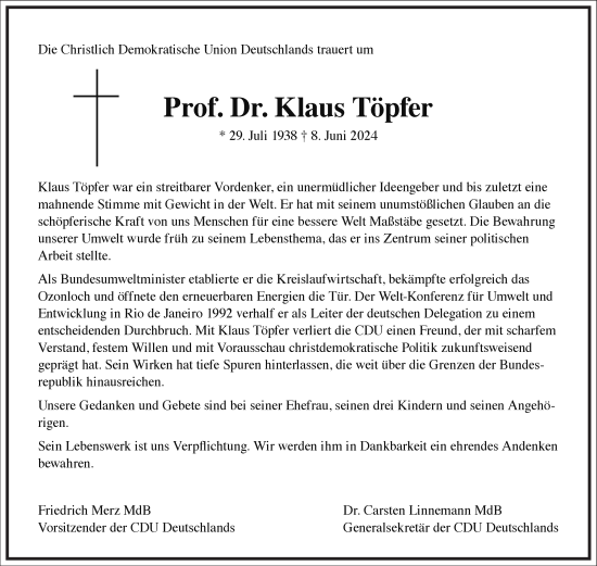 Traueranzeige von Klaus Töpfer von Frankfurter Allgemeine Zeitung