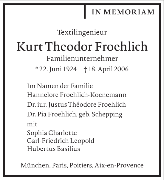 Traueranzeige von Kurt Theodor Froehlich von Frankfurter Allgemeine Zeitung