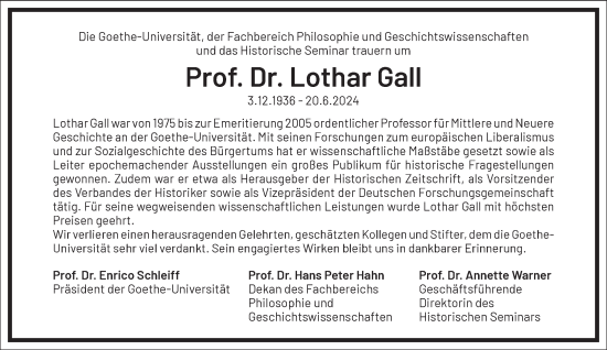 Traueranzeige von Lothar Gall von Frankfurter Allgemeine Zeitung