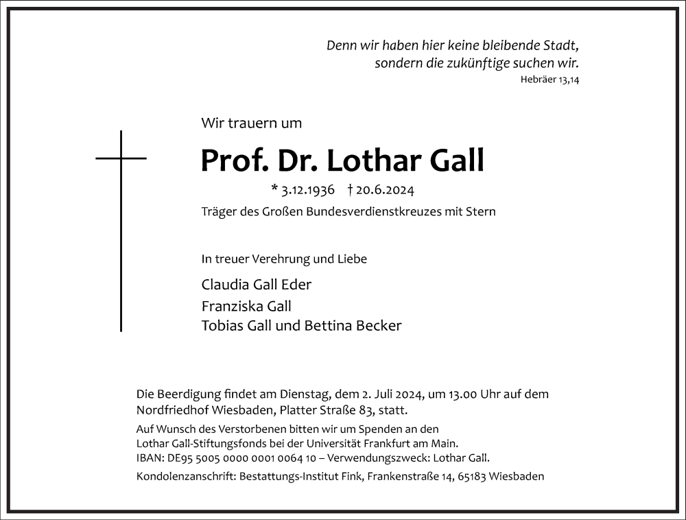  Traueranzeige für Lothar Gall vom 26.06.2024 aus Frankfurter Allgemeine Zeitung