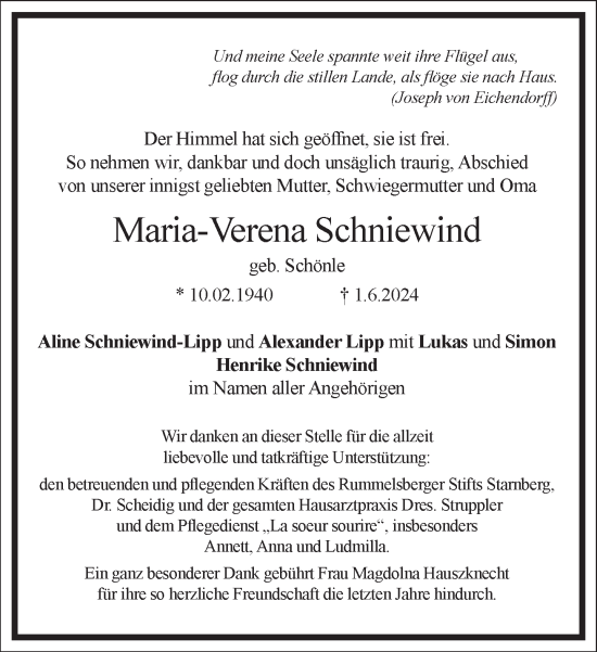 Traueranzeige von Maria-Verena Schniewind von Frankfurter Allgemeine Zeitung