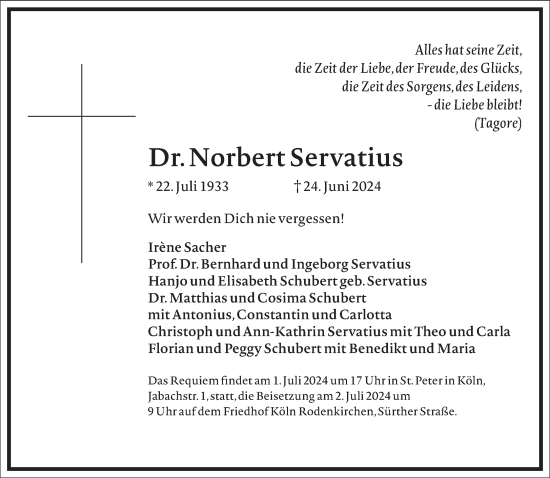 Traueranzeige von Norbert Servatius von Frankfurter Allgemeine Zeitung