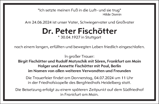 Traueranzeige von Peter Fischötter von Frankfurter Allgemeine Zeitung