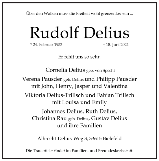Traueranzeige von Rudolf Delius von Frankfurter Allgemeine Zeitung
