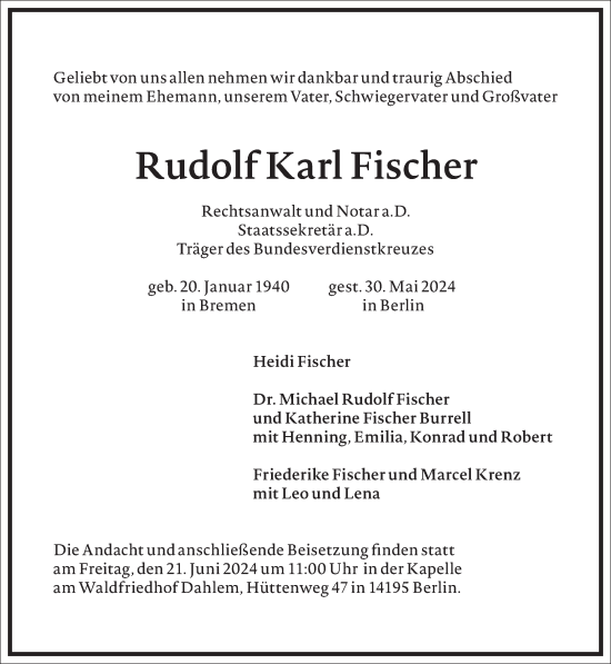 Traueranzeige von Rudolf Karl Fischer von Frankfurter Allgemeine Zeitung
