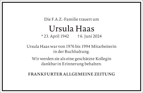 Traueranzeige von Ursula Haas von Frankfurter Allgemeine Zeitung