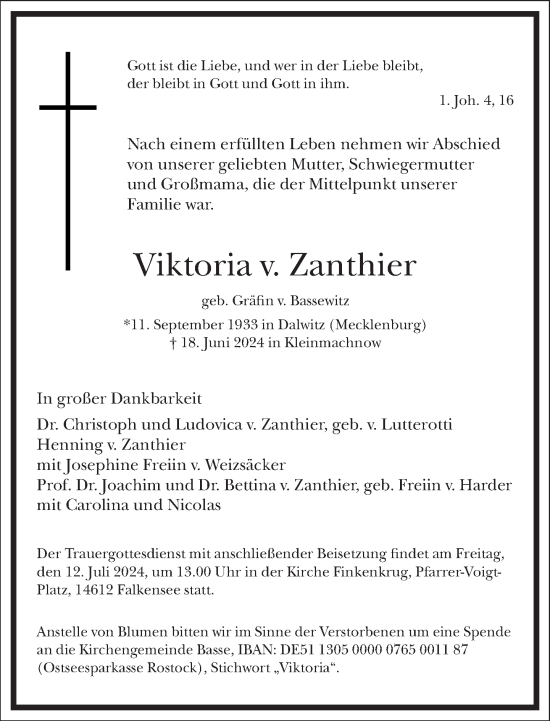 Traueranzeige von Viktoria  v. Zanthier von Frankfurter Allgemeine Zeitung