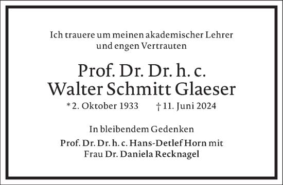 Traueranzeige von Walter Schmitt Glaeser von Frankfurter Allgemeine Zeitung