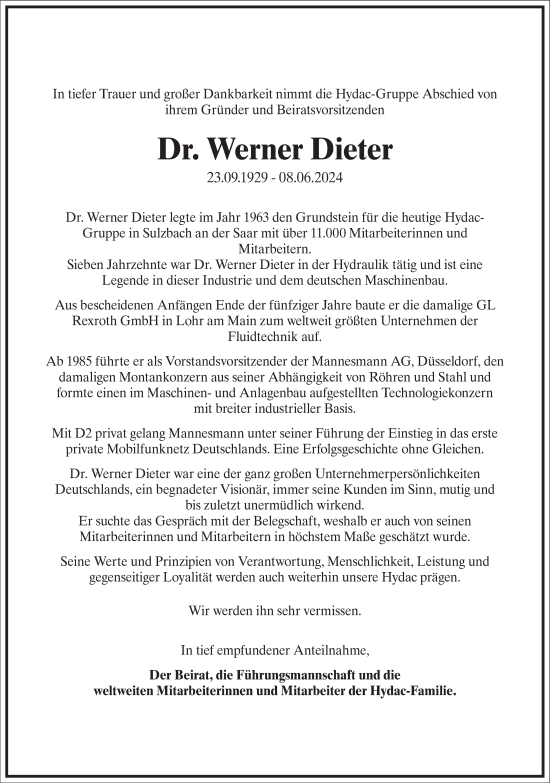 Traueranzeige von Werner Dieter von Frankfurter Allgemeine Zeitung