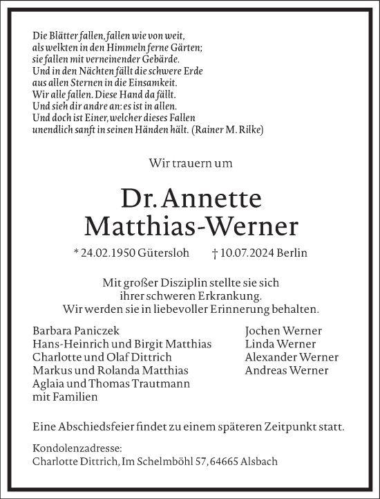 Traueranzeige von Annette Matthias-Werner von Frankfurter Allgemeine Zeitung