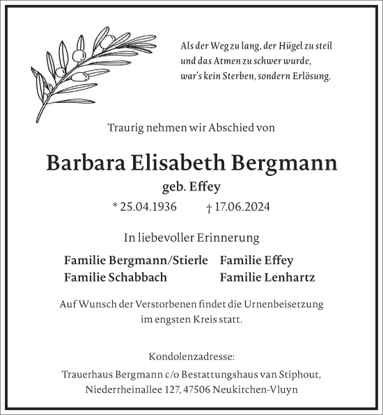 Traueranzeige von Barbara Elisabeth Bergmann von Frankfurter Allgemeine Zeitung