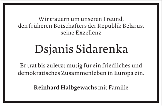 Traueranzeige von Dsjanis Sidarenka von Frankfurter Allgemeine Zeitung