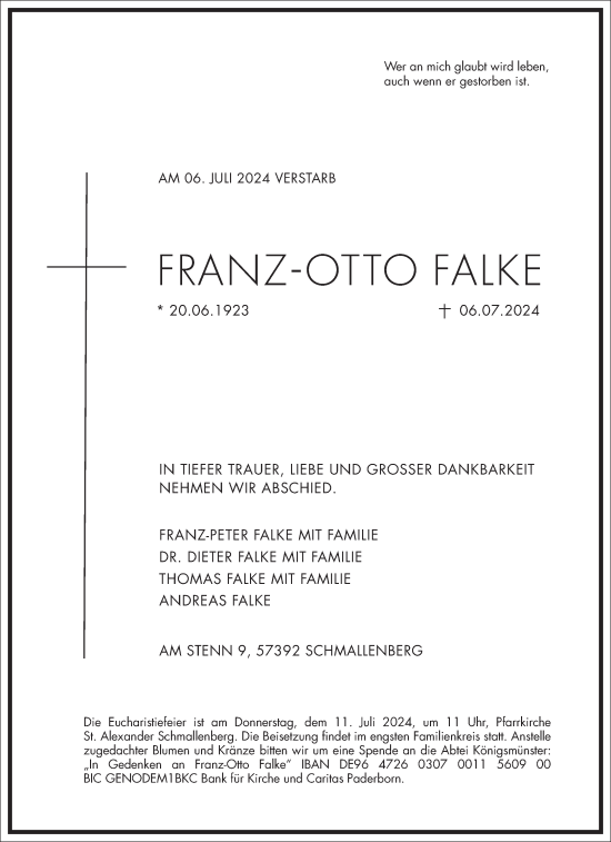 Traueranzeige von Franz-Otto Falke von Frankfurter Allgemeine Zeitung