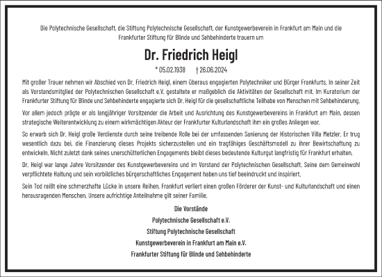 Traueranzeige von Friedrich Heigl von Frankfurter Allgemeine Zeitung