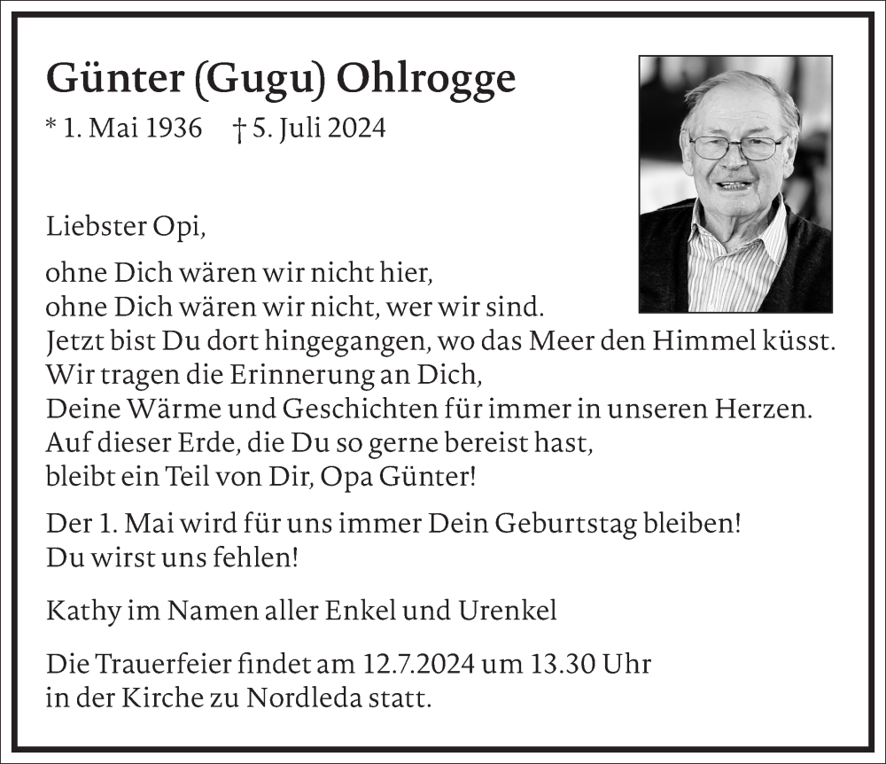  Traueranzeige für Günter Ohlrogge vom 10.07.2024 aus Frankfurter Allgemeine Zeitung