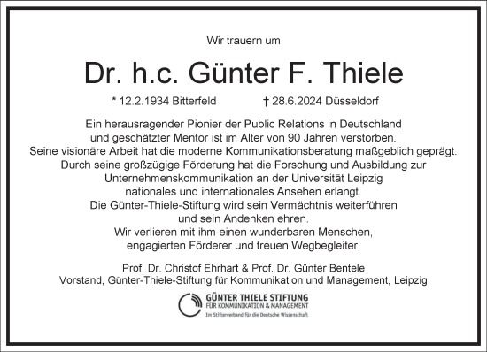 Traueranzeige von Günter F. Thiele von Frankfurter Allgemeine Zeitung