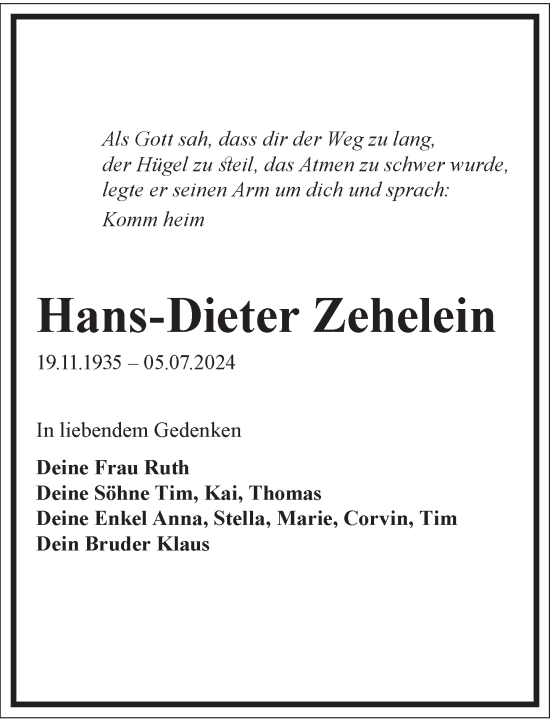 Traueranzeige von Hans-Dieter Zehelein von Frankfurter Allgemeine Zeitung