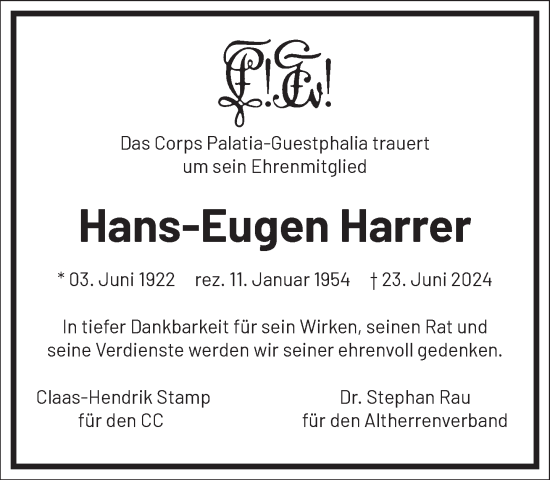 Traueranzeige von Hans-Eugen Harrer von Frankfurter Allgemeine Zeitung