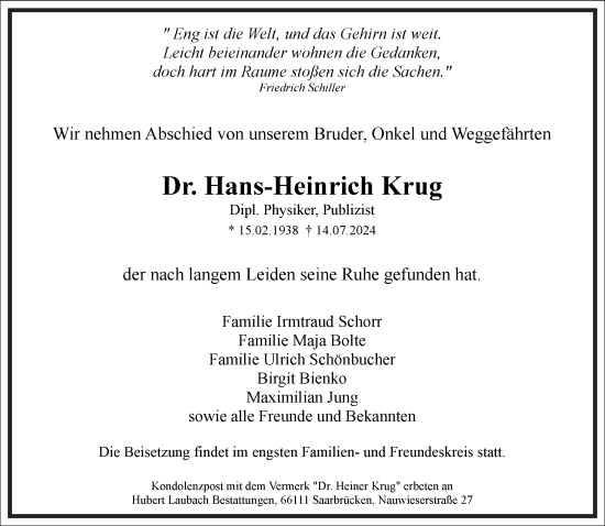 Traueranzeige von Hans-Heinrich Krug von Frankfurter Allgemeine Zeitung