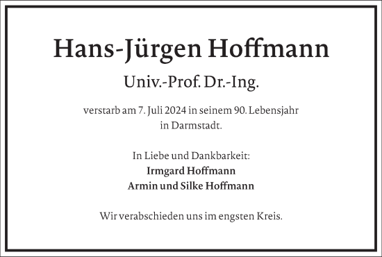 Traueranzeige von Hans-Jürgen Hoffmann von Frankfurter Allgemeine Zeitung