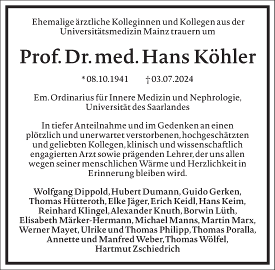 Traueranzeige von Hans Köhler von Frankfurter Allgemeine Zeitung