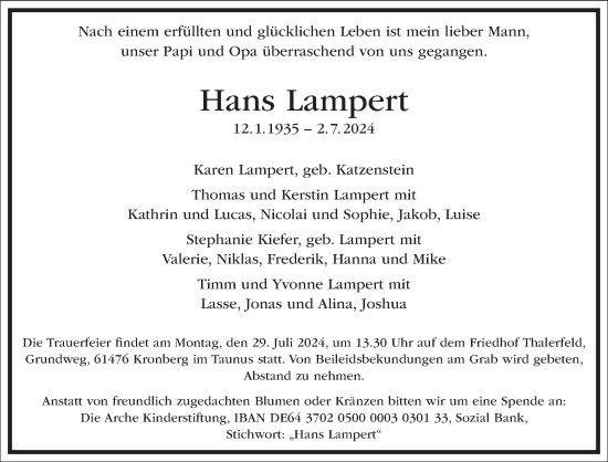 Traueranzeige von Hans Lampert von Frankfurter Allgemeine Zeitung