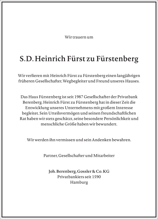 Traueranzeige von Heinrich  Fürst zu Fürstenberg von Frankfurter Allgemeine Zeitung