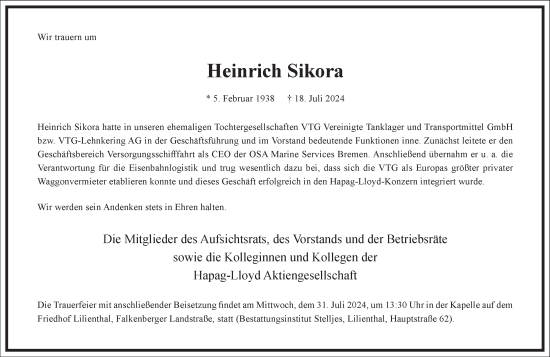 Traueranzeige von Heinrich Sikora von Frankfurter Allgemeine Zeitung