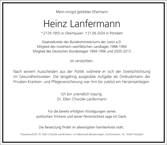 Traueranzeige von Heinz Lanfermann von Frankfurter Allgemeine Zeitung