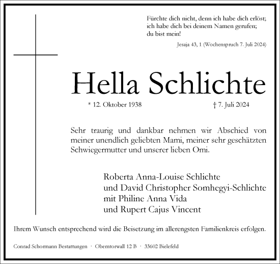 Traueranzeige von Hella Schlichte von Frankfurter Allgemeine Zeitung