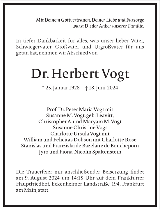 Traueranzeige von Herbert Vogt von Frankfurter Allgemeine Zeitung