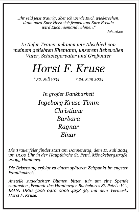 Traueranzeige von Horst F. Kruse von Frankfurter Allgemeine Zeitung