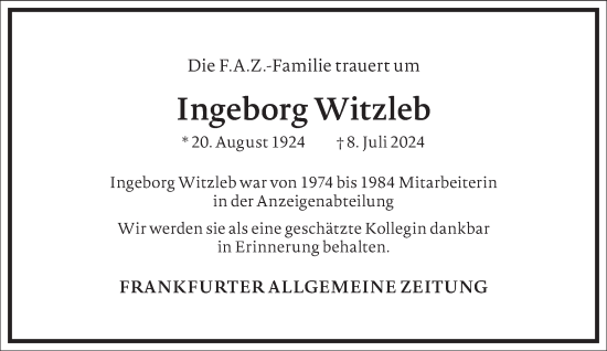 Traueranzeige von Ingeborg Witzleb von Frankfurter Allgemeine Zeitung