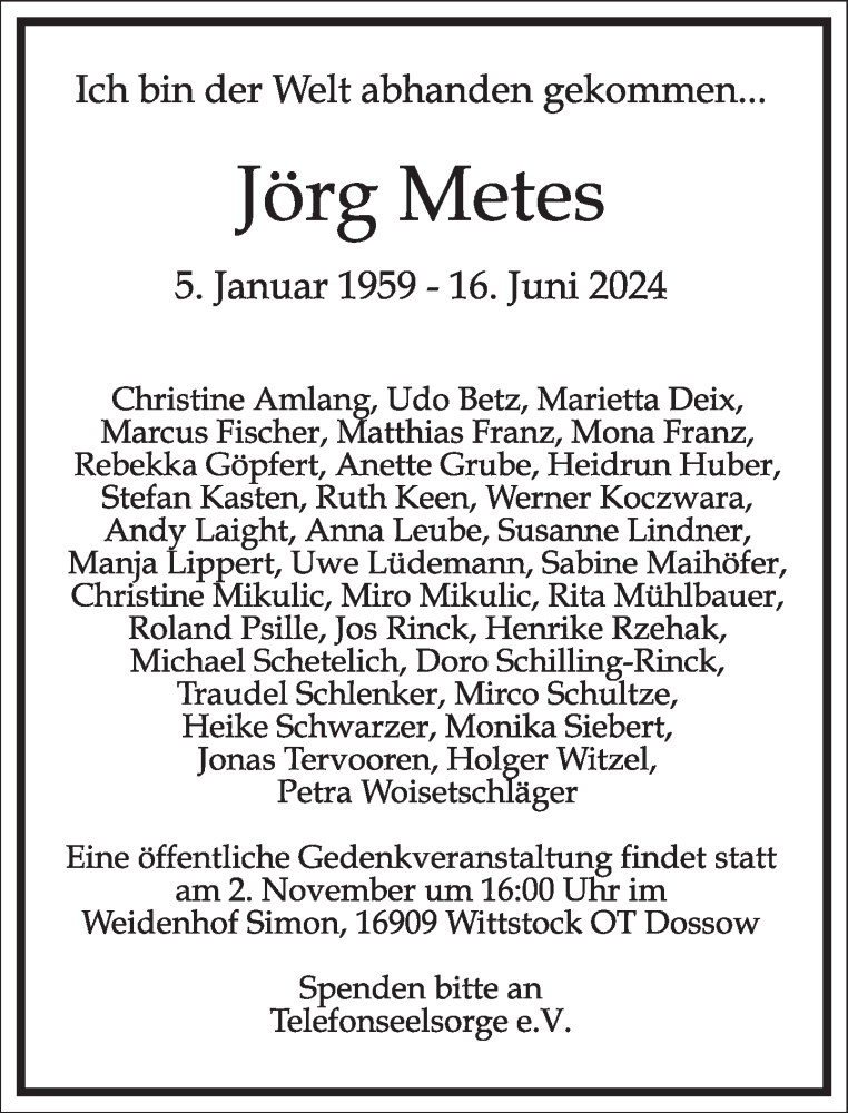  Traueranzeige für Jörg Metes vom 13.07.2024 aus Frankfurter Allgemeine Zeitung