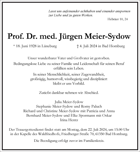 Traueranzeige von Jürgen Meier-Sydow von Frankfurter Allgemeine Zeitung