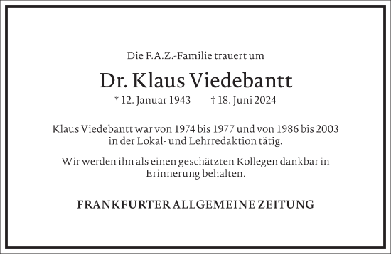 Traueranzeige von Klaus Viedebantt von Frankfurter Allgemeine Zeitung