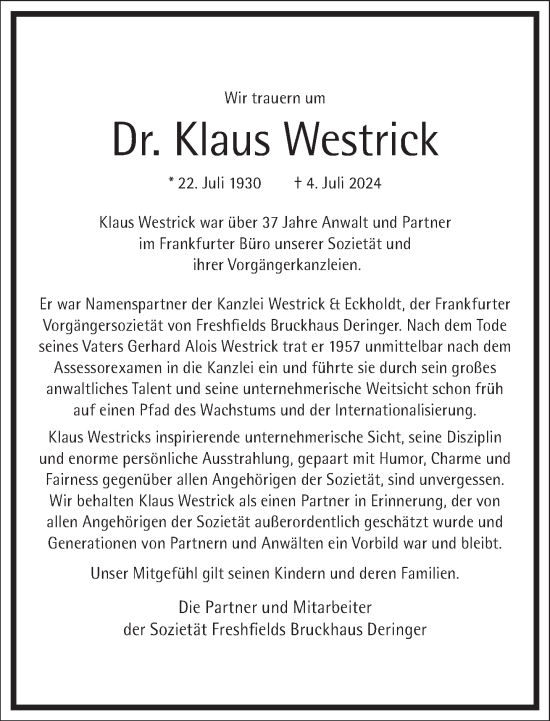 Traueranzeige von Klaus Westrick von Frankfurter Allgemeine Zeitung