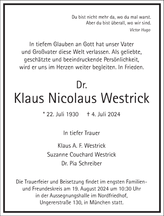 Traueranzeige von Klaus Nicolaus Westrick von Frankfurter Allgemeine Zeitung