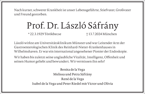 Traueranzeige von Laszlo Safrany von Frankfurter Allgemeine Zeitung