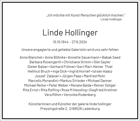 Traueranzeige von Linde Hollinger von Frankfurter Allgemeine Zeitung