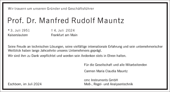 Traueranzeige von Manfred Rudolf Mauntz von Frankfurter Allgemeine Zeitung
