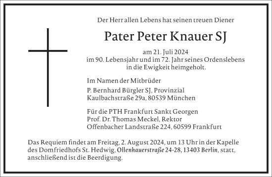 Traueranzeige von Pater Peter Knauer von Frankfurter Allgemeine Zeitung