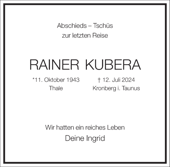 Traueranzeige von Rainer Kubera von Frankfurter Allgemeine Zeitung